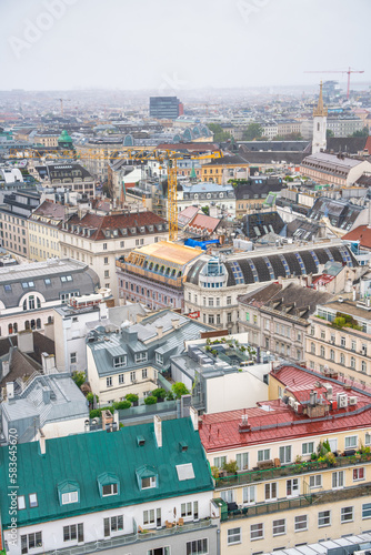 Aerial view of Vienna central buildings on a cloudy summer day, Austria