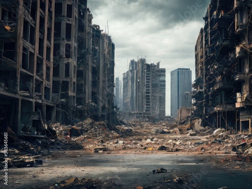 Valokuva Post apocalyptic ruined city. Generative AI