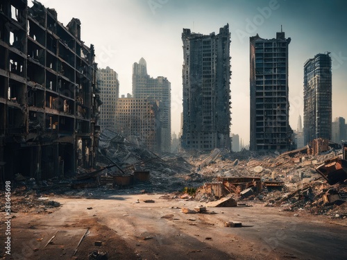 Post apocalyptic ruined city. Generative AI Fototapet
