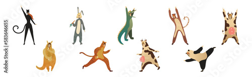 Man and Woman Character Wearing Animal Costume Participating in Masquerade and Celebrating Party Vector Set