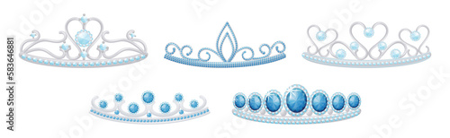 Blue Tiara or Diadem as Jeweled Ornamental Crown Vector Set