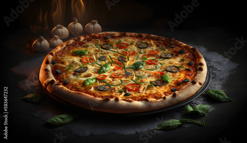  studio photo of delicious pizza, in professional lighting, with smoke and backlighting. epic food shot 