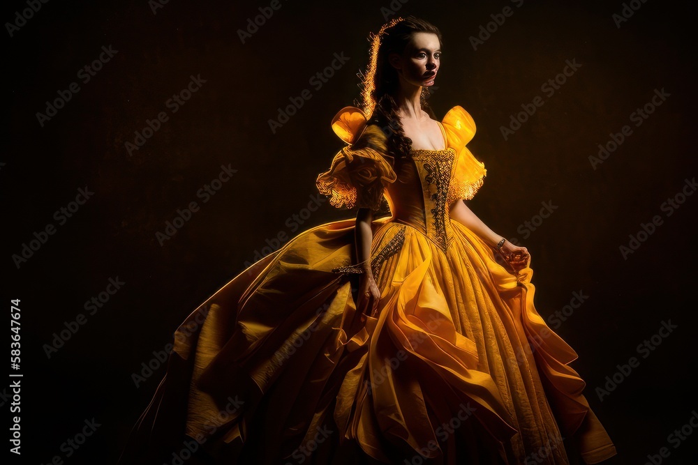 Portrait of a beautiful woman dress with yellow background. Fictional person created with Generative AI