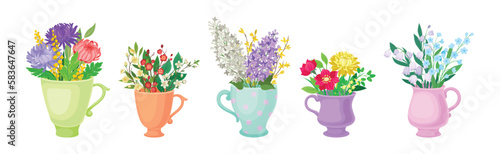 Bouquet of Blooming Flowers in Ceramic Vase with Handle Vector Set
