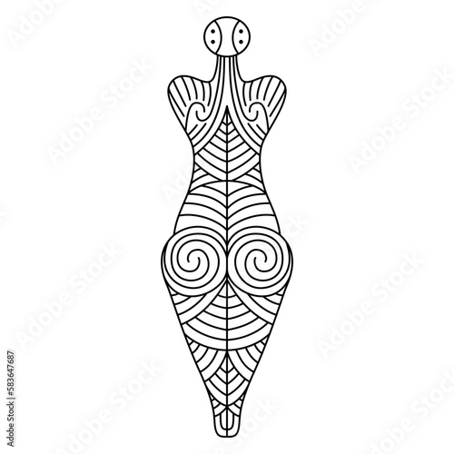 Female figurine from Cucuteni. Neolithic tattooed goddess. Black and white linear silhouette. Trypillia culture.
