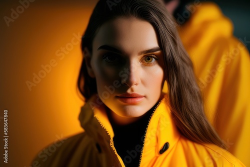 Portrait of a beautiful woman with yellow background. Fictional person created with Generative AI