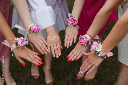 bride's party, bachelorette party, wedding ring on a finger, girls' hands