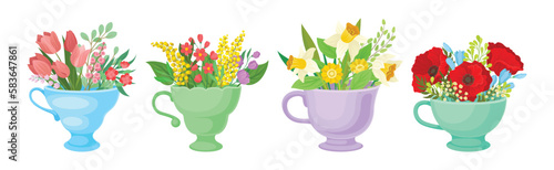 Bouquet of Blooming Flowers in Ceramic Vase with Handle Vector Set