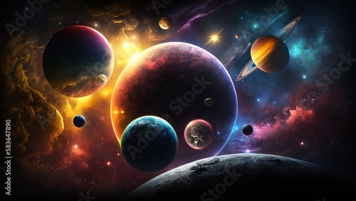 Cosmic planetary colorful computer wallpaper background. Generative AI.