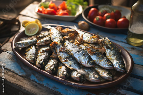 Grilled sardines with peppers, olive oil, and bread. Traditional Portuguese food, typical of popular festivals, popular saints Portugal. AI Generative photo