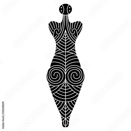 Female figurine from Cucuteni. Neolithic tattooed goddess. Black and white negative silhouette. Trypillia culture.