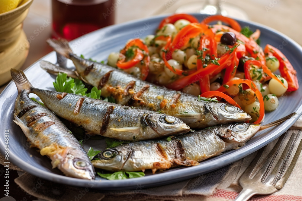 Sardinhas assadas na brasa com pimentos azeite e pão. Comida tradicional portuguesa, típico festas populares, santos populares portugal. ai generative Sardinhas assadas na brasa com pimentos azeite e pão. Comida tradicional portuguesa, típico festas populares, santos populares portugal. ai generative