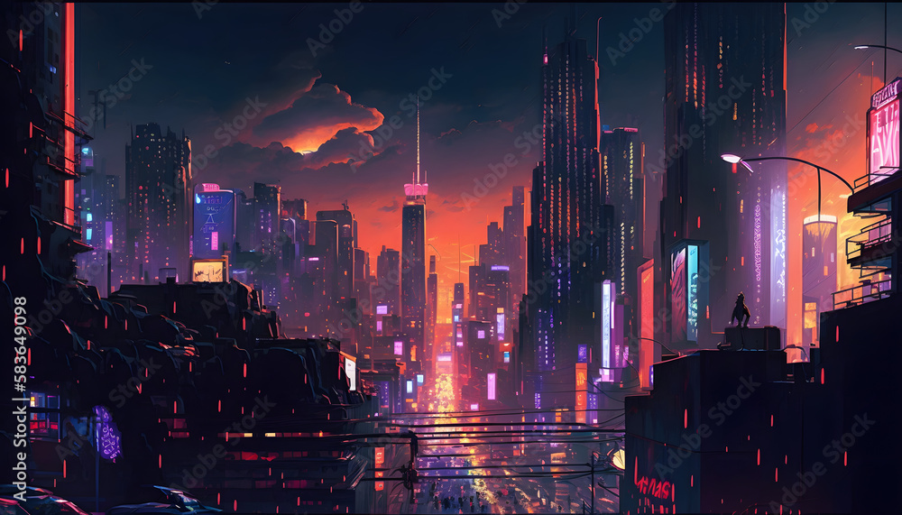 Skyscraper metropolis at night. Generative AI