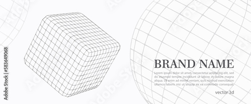 Hi tech vector abstract background with flying 3d grid cube and sphere. Minimalistic modern template concept of information data processing. White and gray geometric design backdrop cloud data transfe