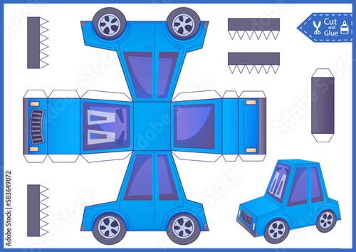 Kids craft game. Activity education page cut and glue paper 3d cute cartoon car. Printable papercraft template. DIY transport, vehicle, automobile birthday décor.