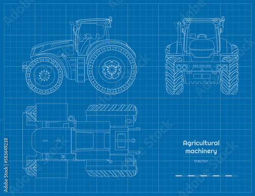 Outline farmer tractor drawing. Agricultural machine. Top, side and front views of farmer vehicle. Industrial blueprint