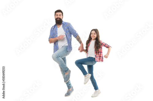 Move on. Lets move. Kid and dad cheerful friends in motion. Move in same direction. Following fathers example. On same wave concept. Bearded father and small child walking or running together © be free