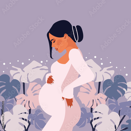 Banner with pregnant elegant woman, future mom hugging belly with arms. Happy Mother's Day. Flat vector illustration.