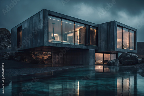 modern apartment building in concrete style with pool created with Generative AI technology