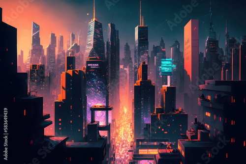 Skyscraper metropolis at night. Generative AI