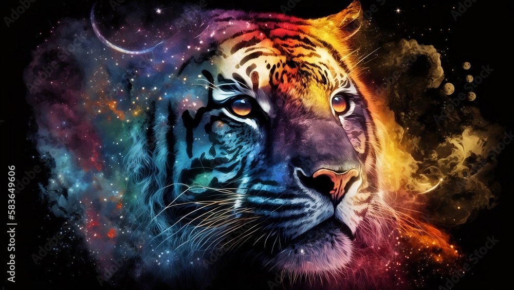 Tiger face in a cosmic theme. Stars and planets. Space. Generative AI.