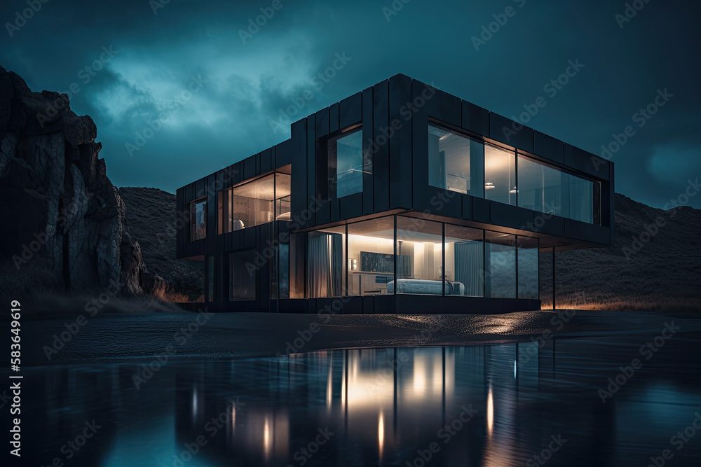 modern apartment building in concrete style with pool created with Generative AI technology modern apartment building in concrete style with pool created with Generative AI technology