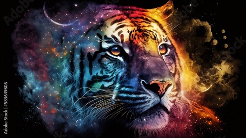 Tiger face in a cosmic theme. Stars and planets. Space. Generative AI.