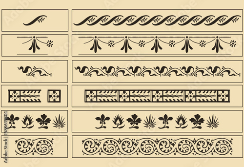 Set of six Baroque vintage stencil decorations/ornaments. Vectorized seamless patterns.