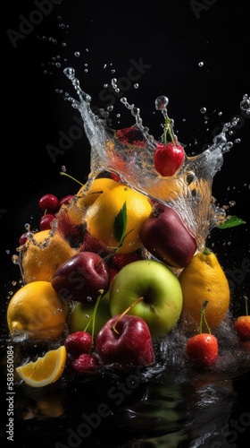 Fresh fruits and water splashes on black background. Generative AI