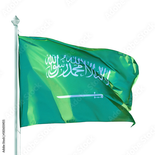 Saudi Arabia flag on flagpole. Isolated png with transparency