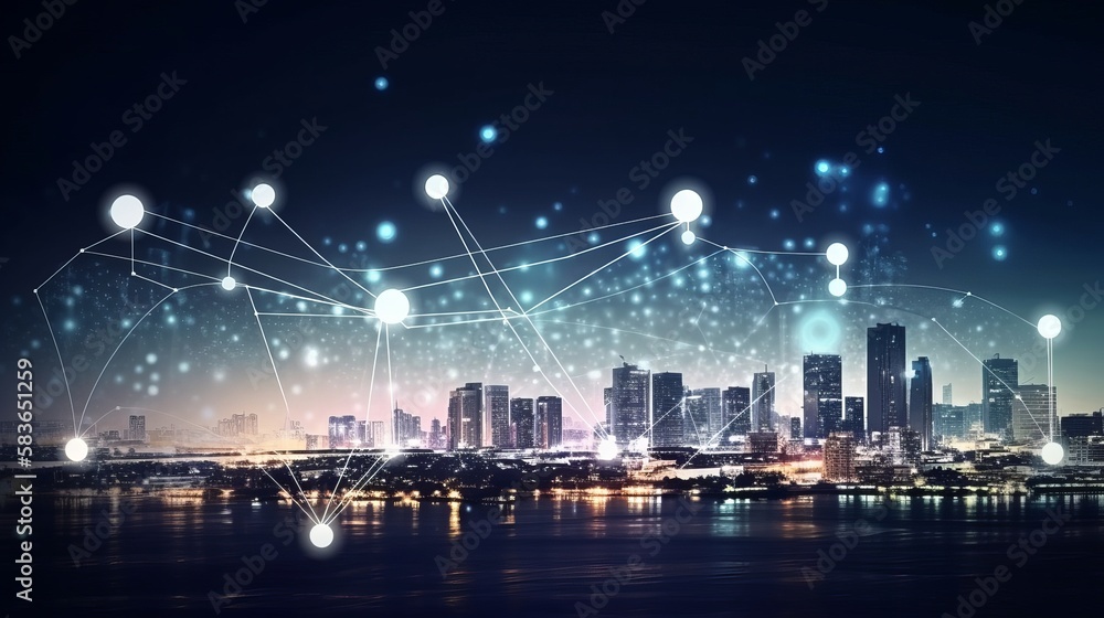 Obraz premium Cityscape with connecting dot technology of smart city conceptual Generative AI