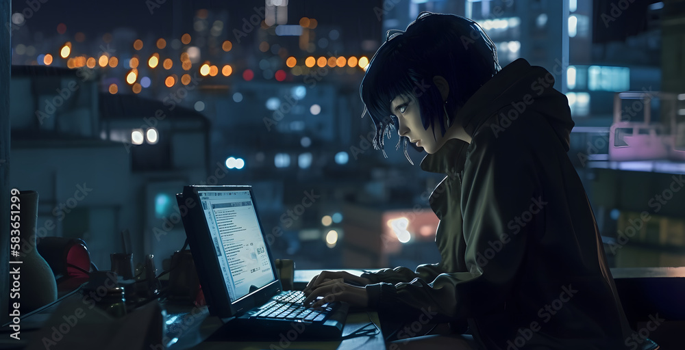 Cyberpunk girl hacking with her laptop