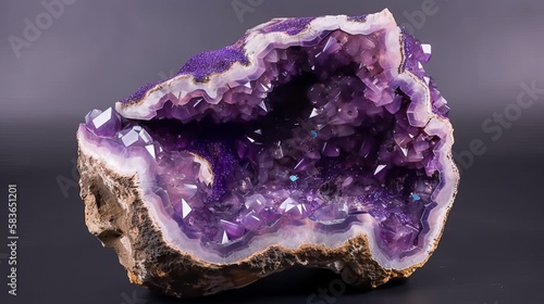 Vibrant purple amethyst geode rock, sparkling and lustrous crystals inside with striking textures and natural patterns Generative AI photo