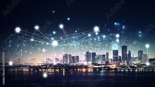 Cityscape with connecting dot technology of smart city conceptual Generative AI