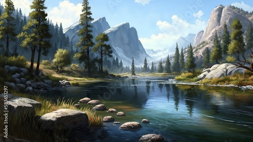 Scenic river with mountains and trees. Beautiful outdoor landscape. Generative AI.