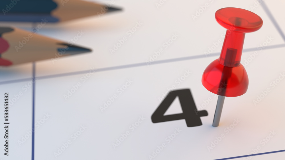 Pin on calendar number 4 fourth day of month. Conceptual symbol with pencils on a calendar sheet. Pin on calendar number 4 fourth day of month. Conceptual symbol with pencils on a calendar sheet.