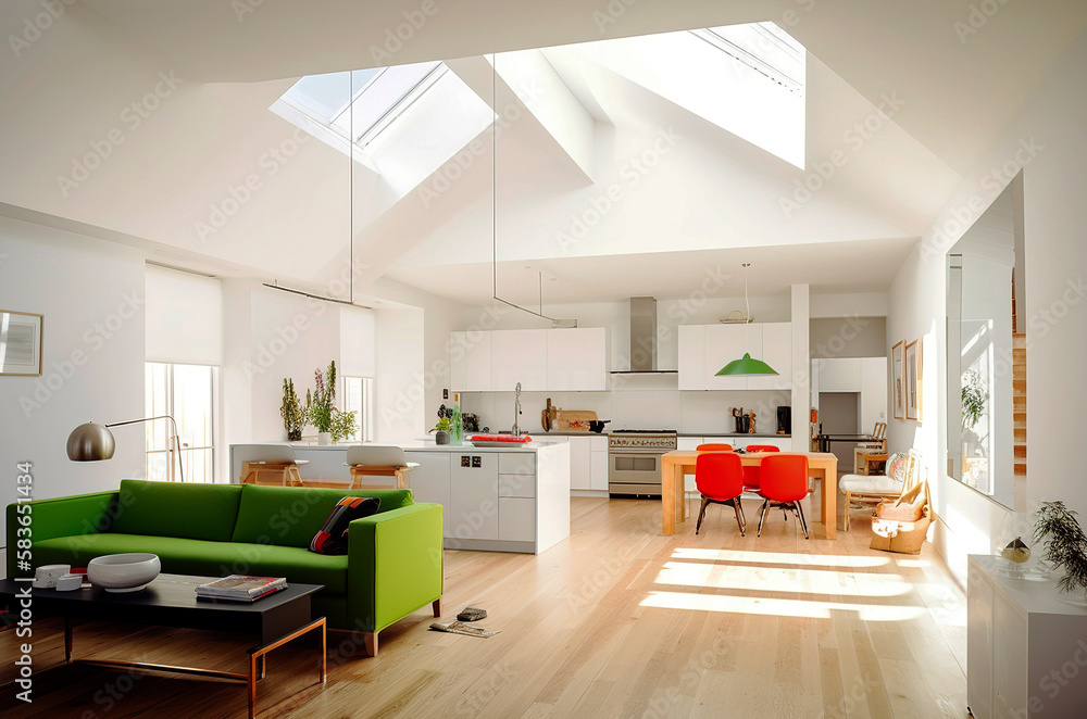 Generative AI illustration of a dining room with an open kitchen and ...