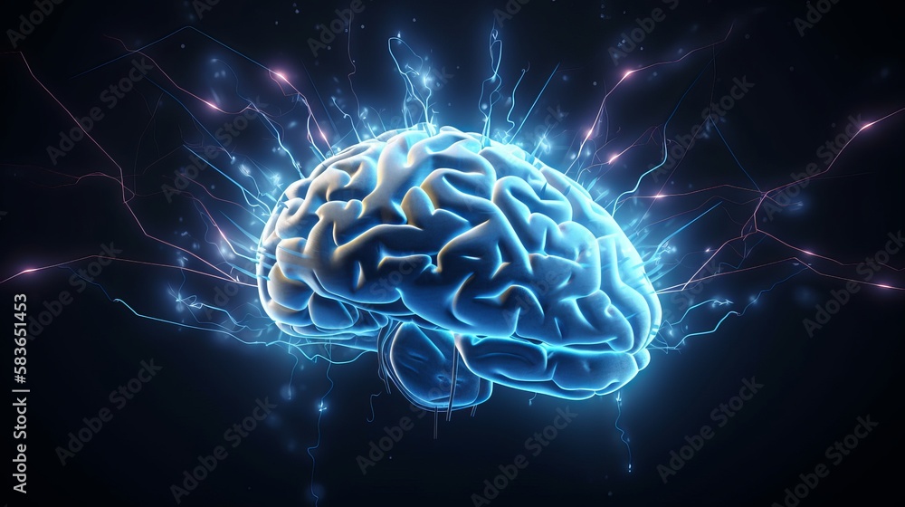 Human brain digital illustration. Electrical activity, flashes and lightning on a blue background Generative AI