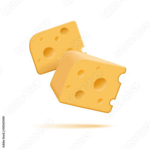 Realistic 3D image of pieces of cheese on a white background. Fresh farm natural food product. Ingredient for kitchen, restaurants, menus, advertising.