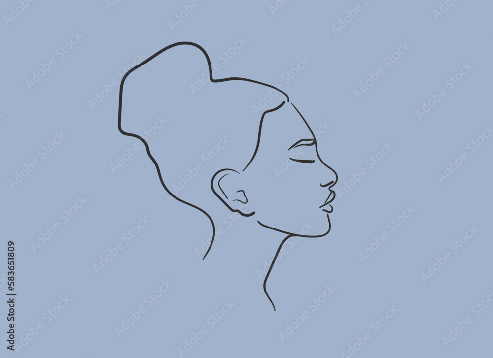 Line drawing of a woman's face on a blue background. Lady face profile outline. Design for cosmetics