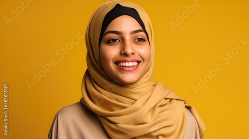 Young middle eastern woman laughing looking at the camera studio shot. Generative AI   © Adriana