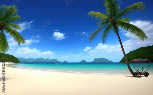 Empty beach with blue water, sky, palm tree and clouds