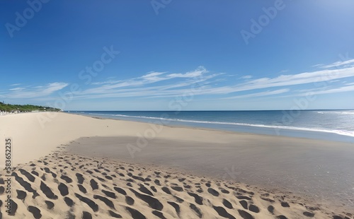 Empty beach with blue water sky and clouds