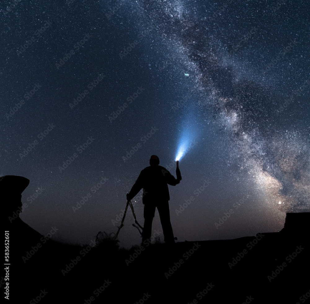 silhouette of a person with a torch under milky way rising