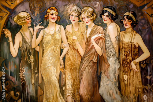 AI generated vintage poster artwork of a group of young women dressed in 1920s art deco, Gatsby style, outfits. AI generated content, no recognizable person
