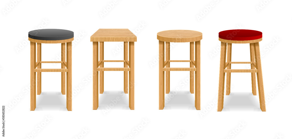 Realistic Detailed 3d Different Wooden Bar Chair Set for Kitchen, Bistro and Cafe . Vector illustration of Circle and Square Shape Seat Realistic Detailed 3d Different Wooden Bar Chair Set for Kitchen, Bistro and Cafe . Vector illustration of Circle and Square Shape Seat