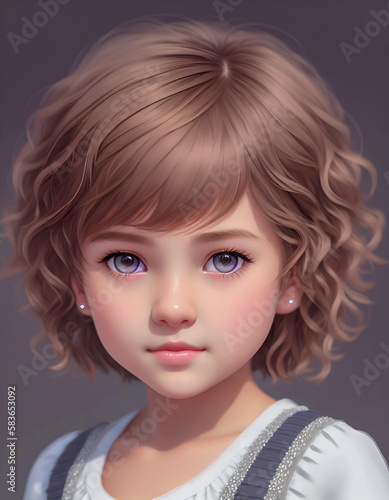 portrait of a small girl with beautiful hair style, painting style, art Illustration, Generative AI