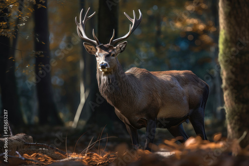 A royal deer with big antlers in the woods. AI generated © yuliachupina