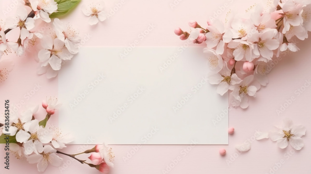 pink cherry blossom border background, blank space for photoframe, Generative ai