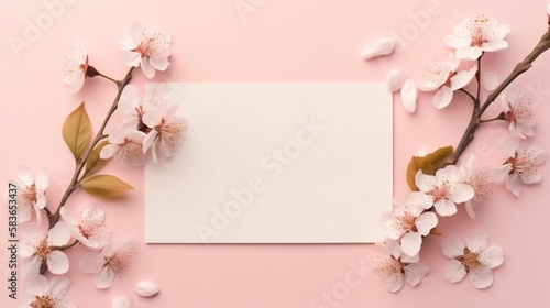 pink cherry blossom on wooden border background , blank space for photo frame, Generative ai